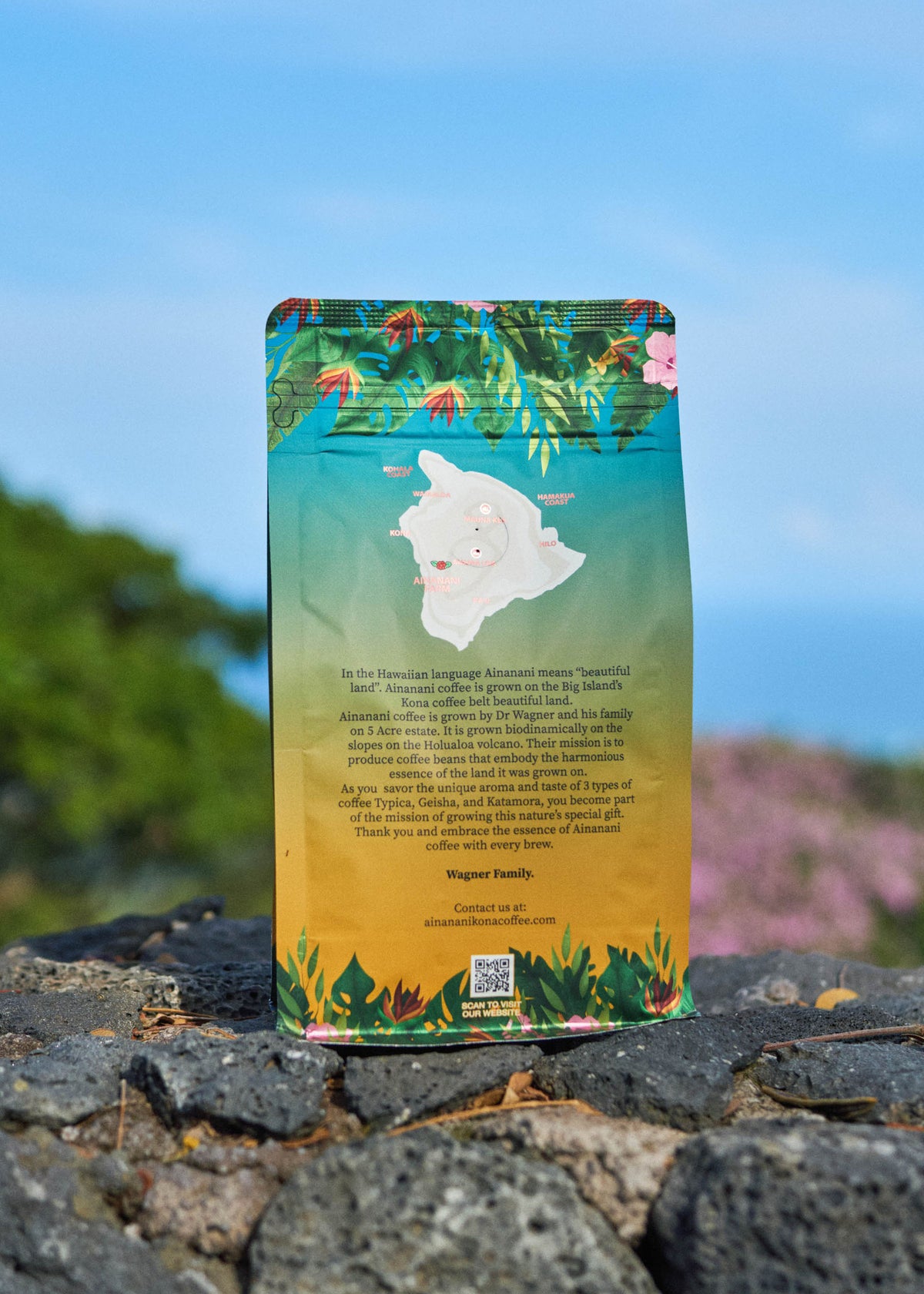 Back of Ainanani Kona Sunrise Blend coffee bag with Big Island map and the Wagner family’s story