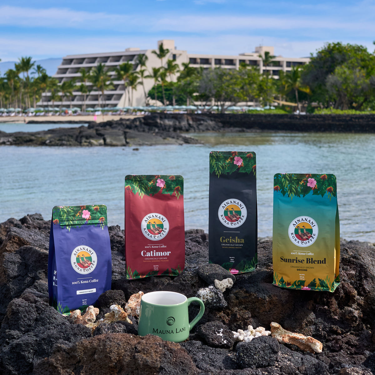 Ainanani Kona Coffee bags on lava rock at Mauna Lani