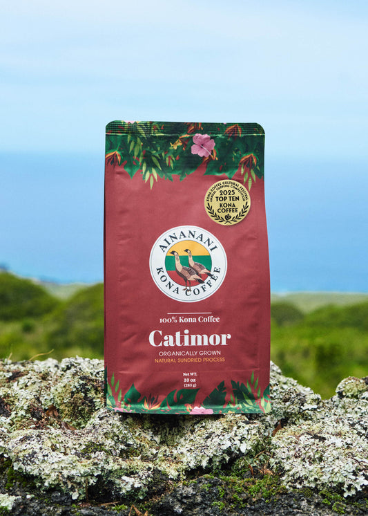 Ainanani 100% Kona Catimor coffee bag with 2025 Top Ten award seal on lava rock above the ocean