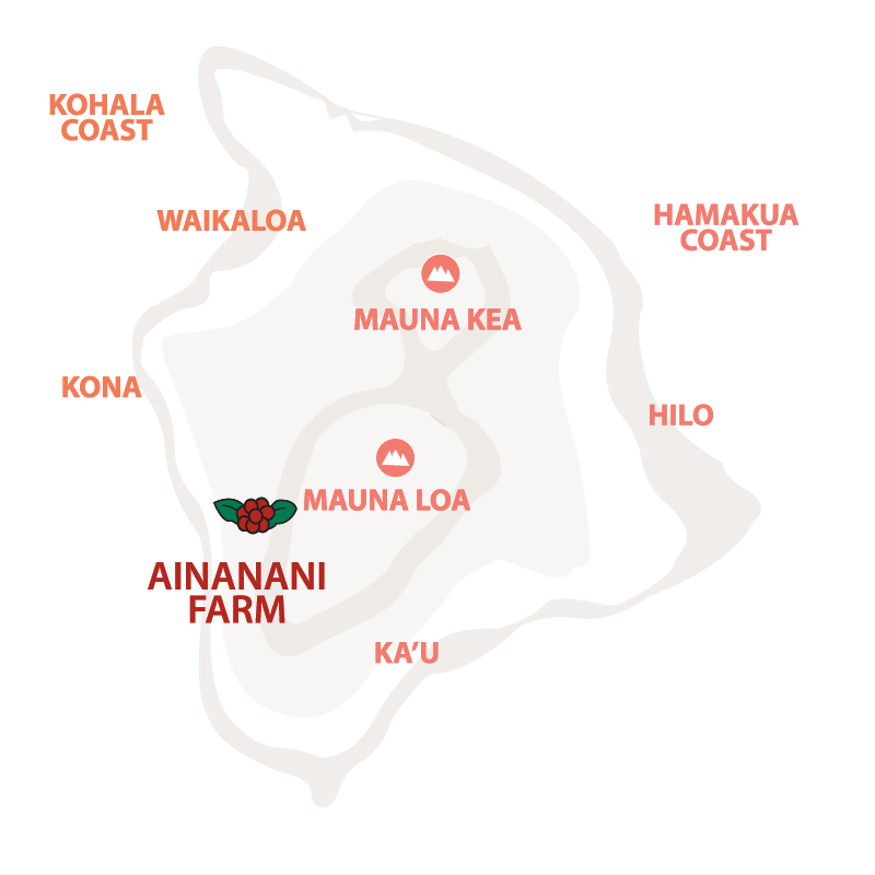 Map of Hawaii’s Big Island showing Ainanani Farm in Kona on the slopes of Hualālai