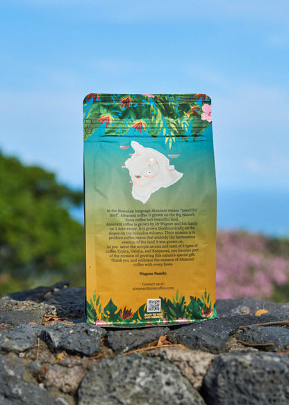 Back of Ainanani Kona Sunrise Blend coffee bag with Big Island map and the Wagner family’s story