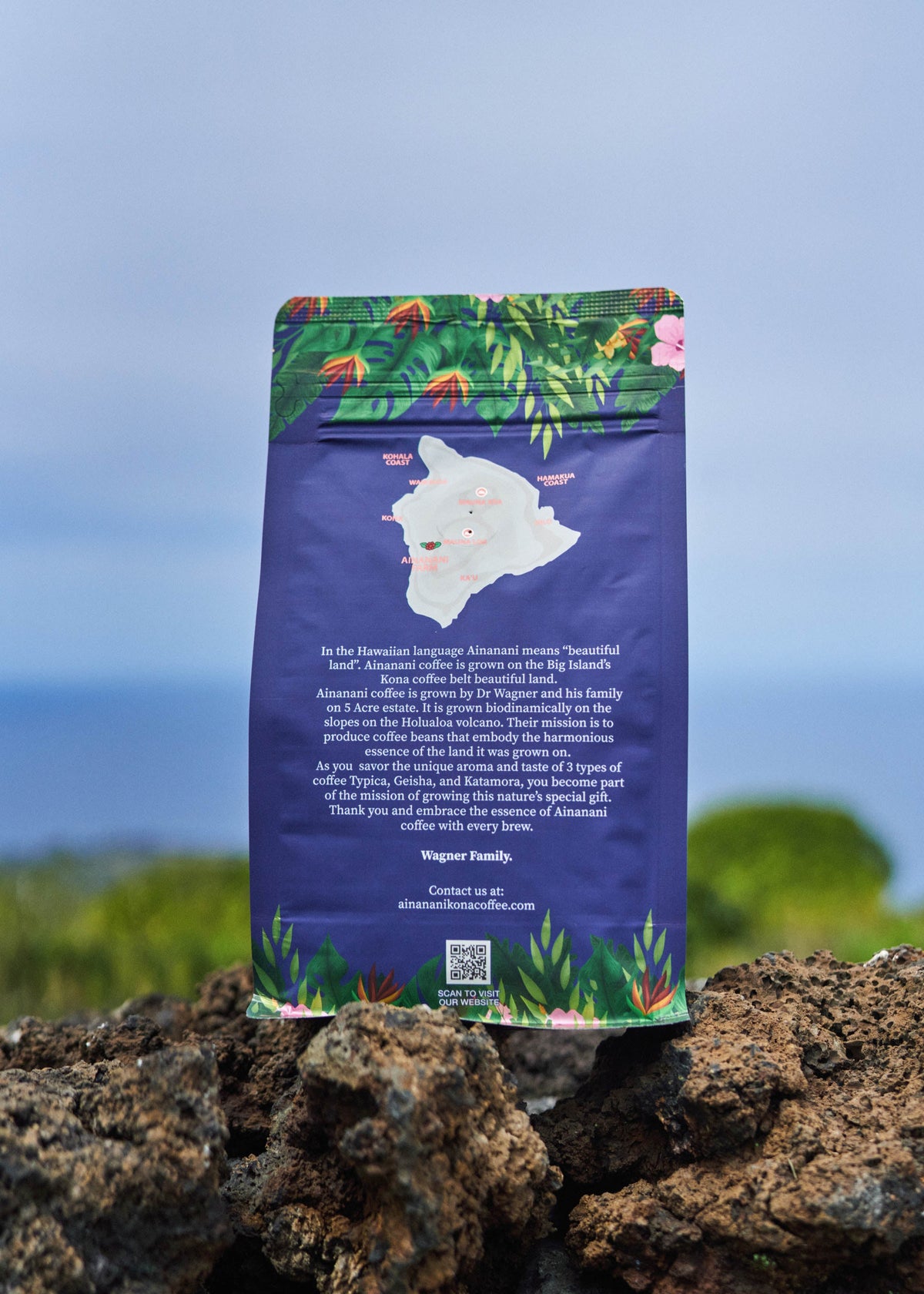 Back of Ainanani Kona Typica coffee bag with Big Island map and the Wagner family’s story
